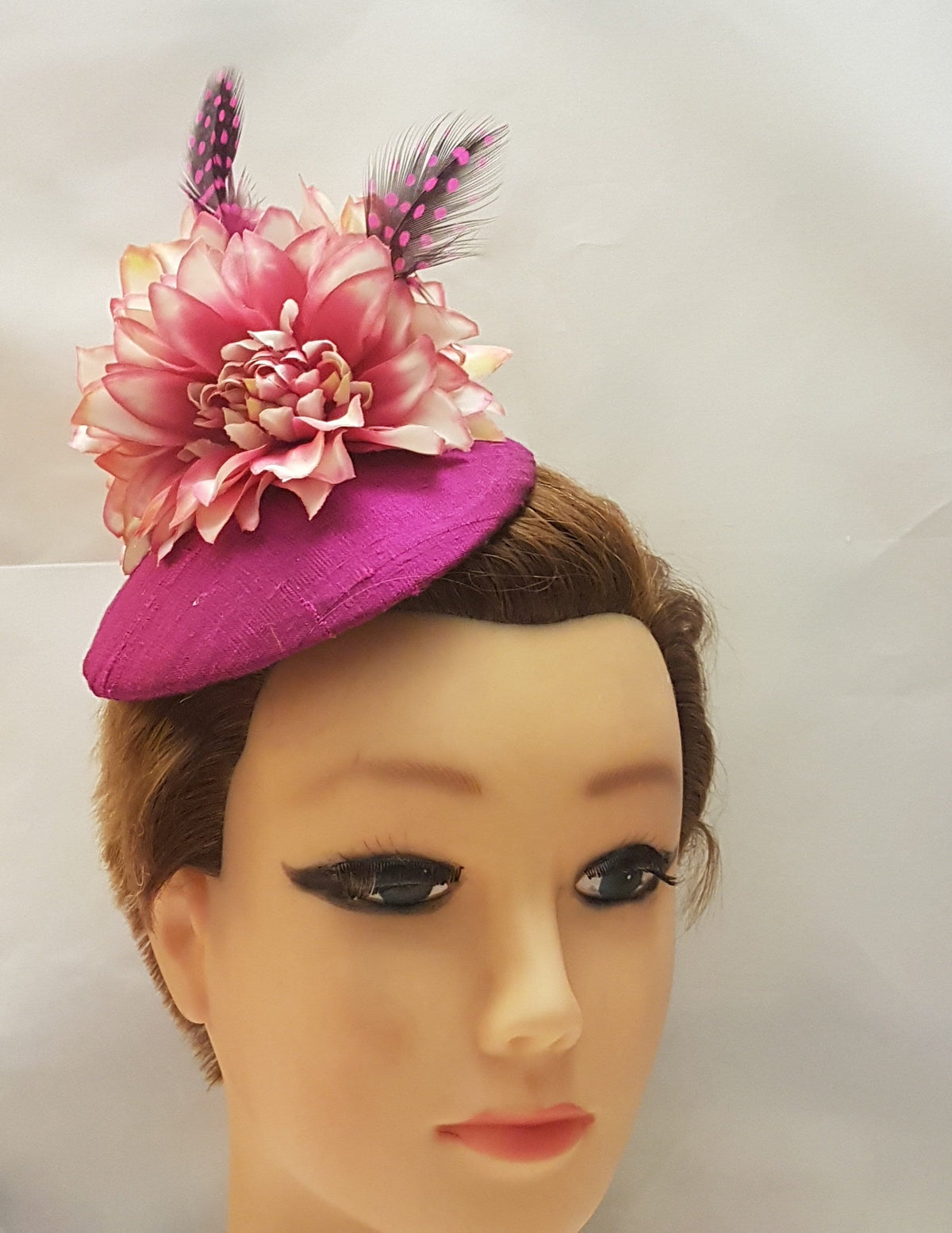Magenta Raw Silk Fascinator: Feather Flower Ascot Hat