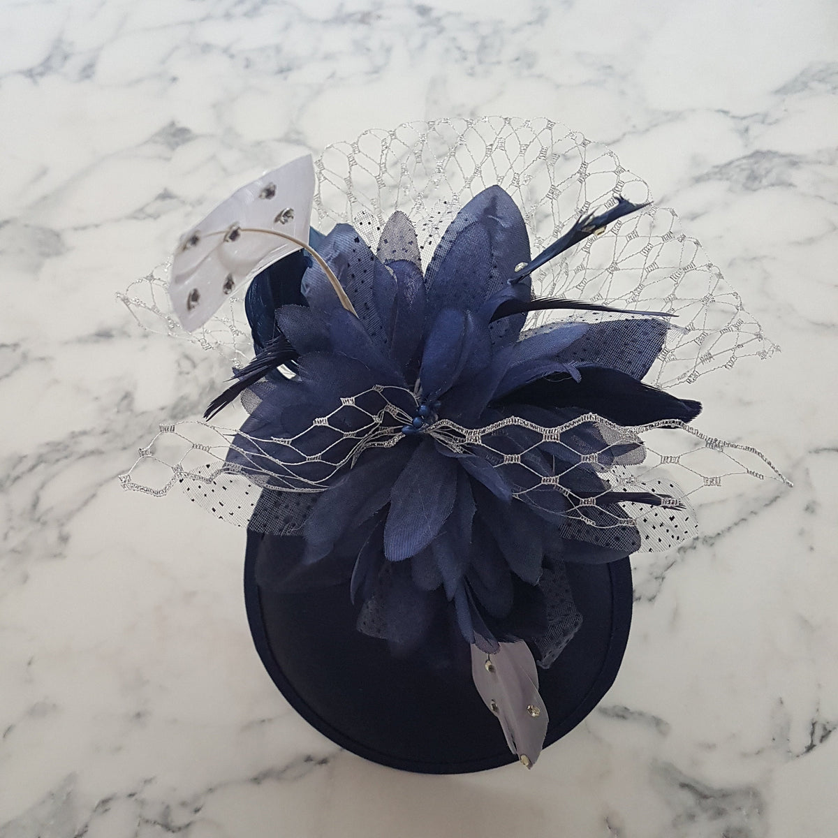 Navy Blue Fascinator Hat: Silver Feather Ascot Headpiece
