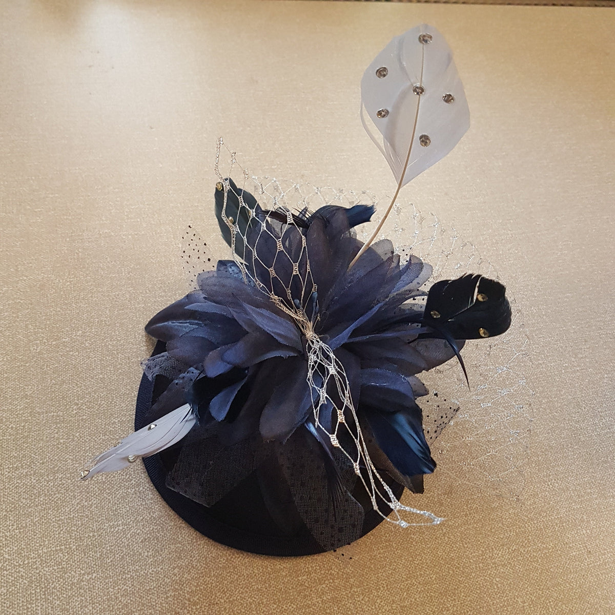 Navy Blue Fascinator Hat: Silver Feather Ascot Headpiece
