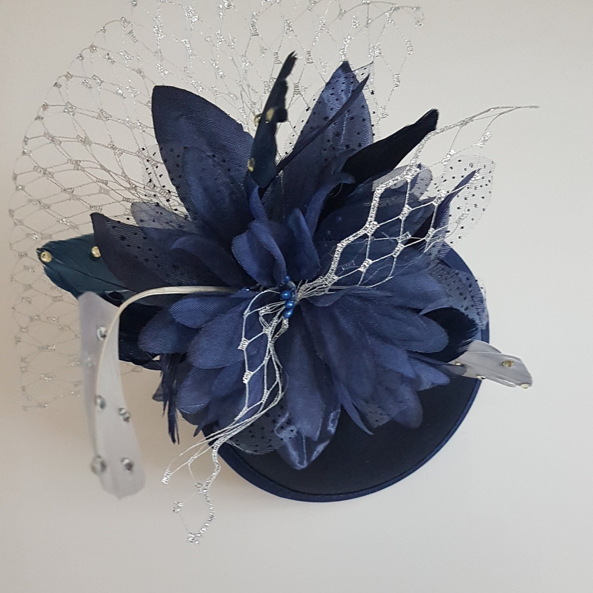 Navy Blue Fascinator Hat: Silver Feather Ascot Headpiece