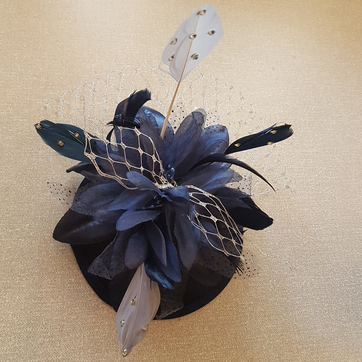 Navy Blue Fascinator Hat: Silver Feather Ascot Headpiece