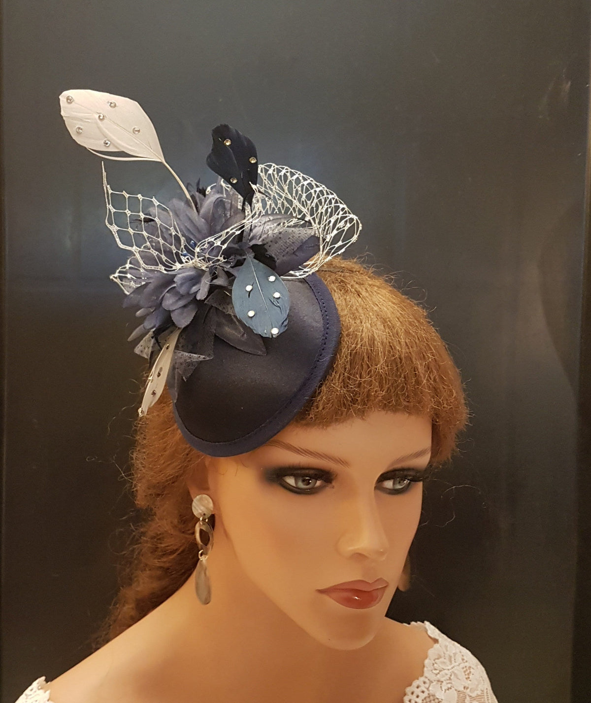 Navy Blue Fascinator Hat: Silver Feather Ascot Headpiece