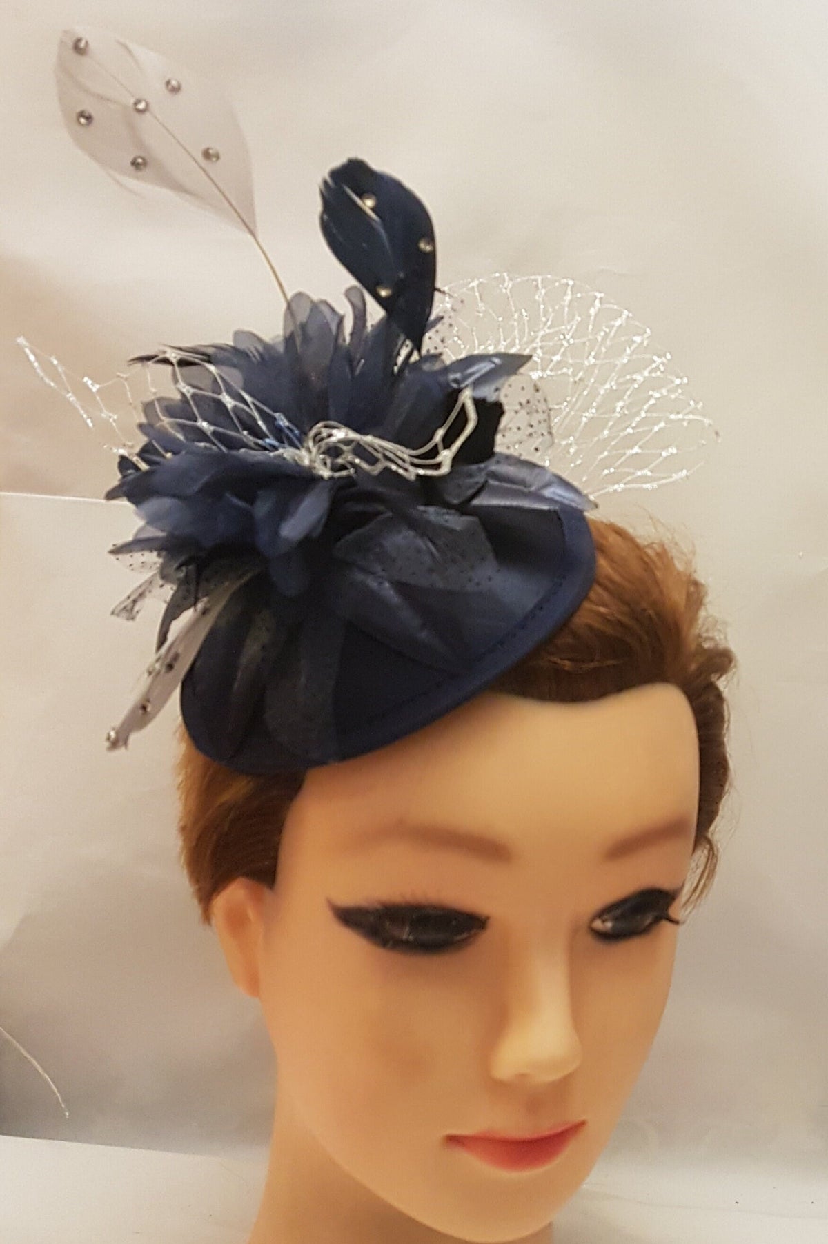 Navy Blue Fascinator Hat: Silver Feather Ascot Headpiece