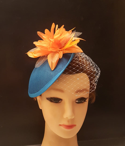 Teal Blue Fascinator Hat: Orange Crinoline Flowers, French Veil