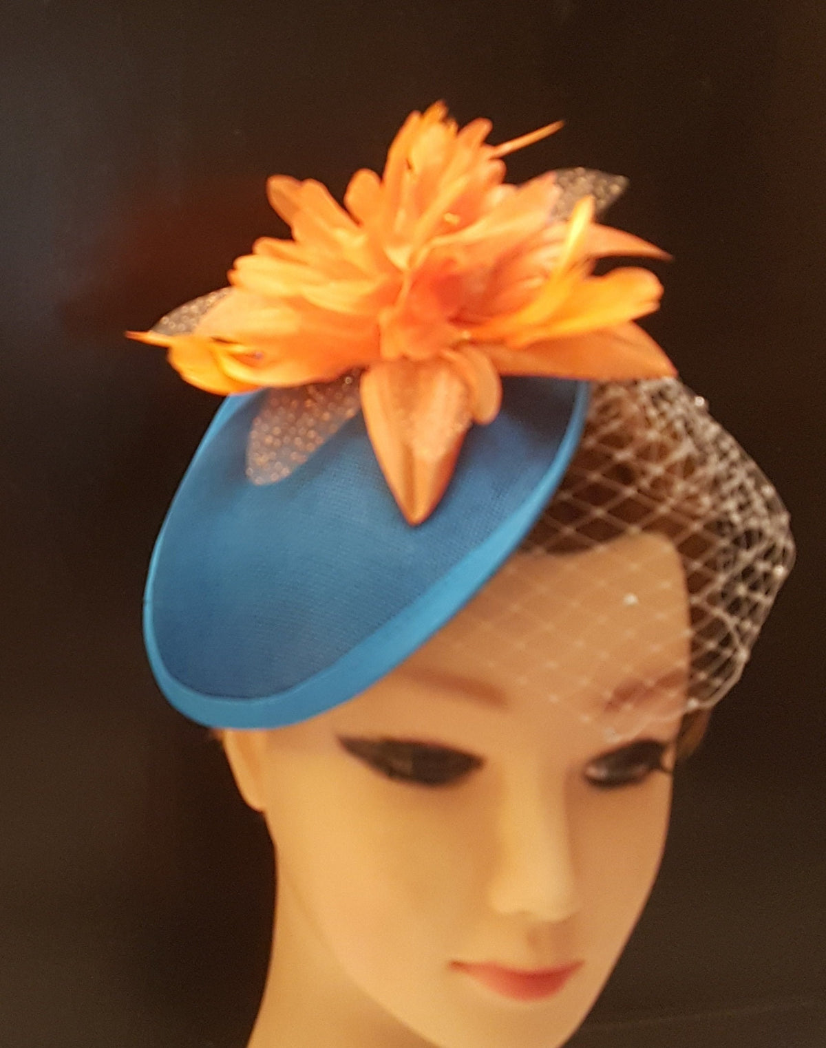 Teal Blue Fascinator Hat: Orange Crinoline Flowers, French Veil