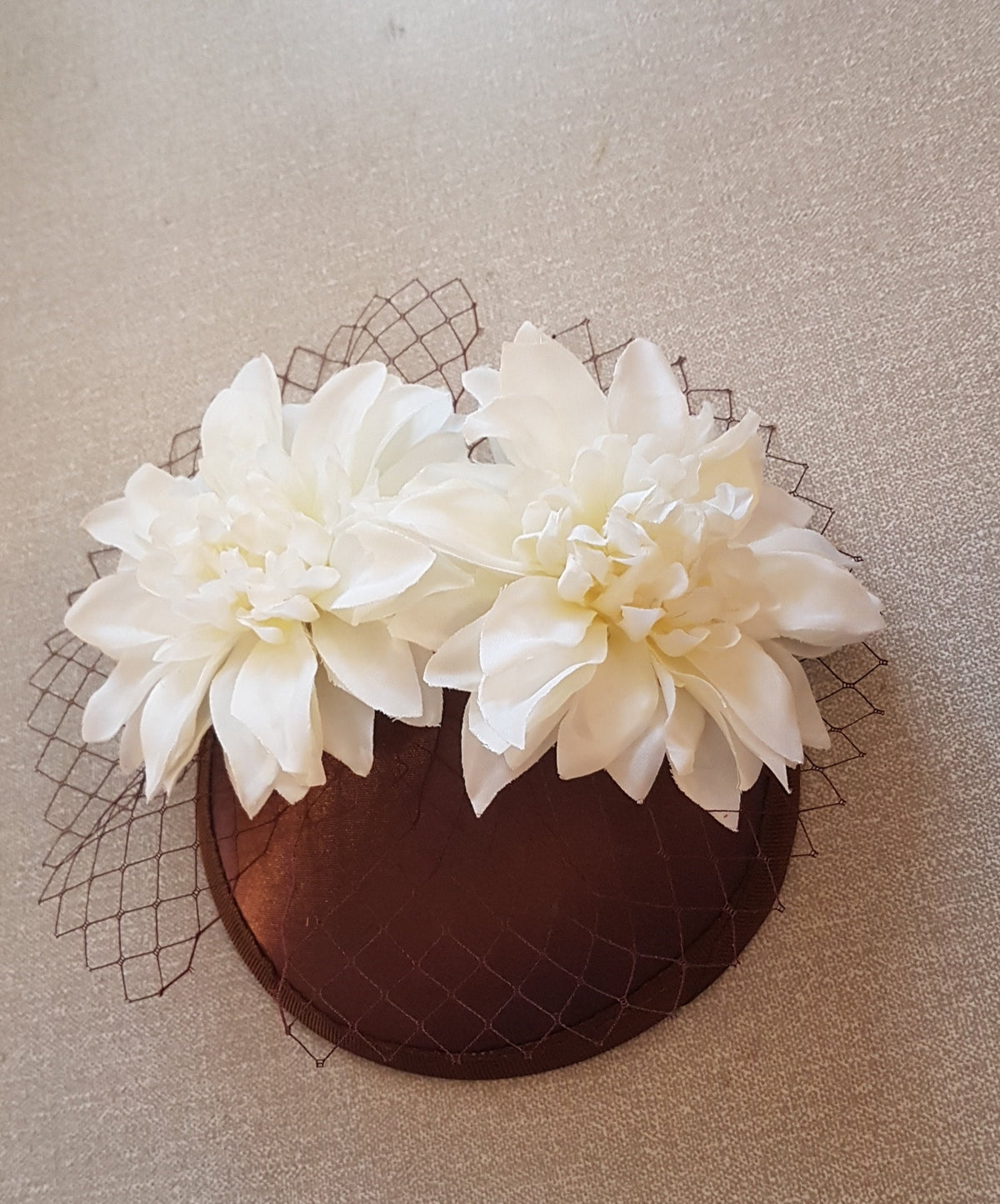 Brown Fascinator Hat: Ivory Flowers, French Netting, Ascot Races