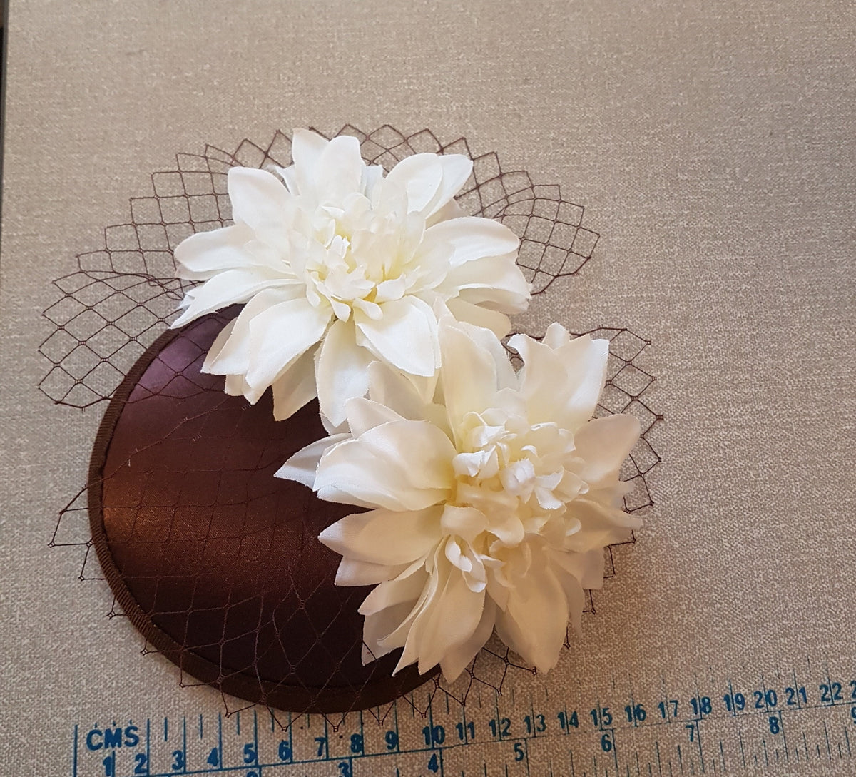Brown Fascinator Hat: Ivory Flowers, French Netting, Ascot Races