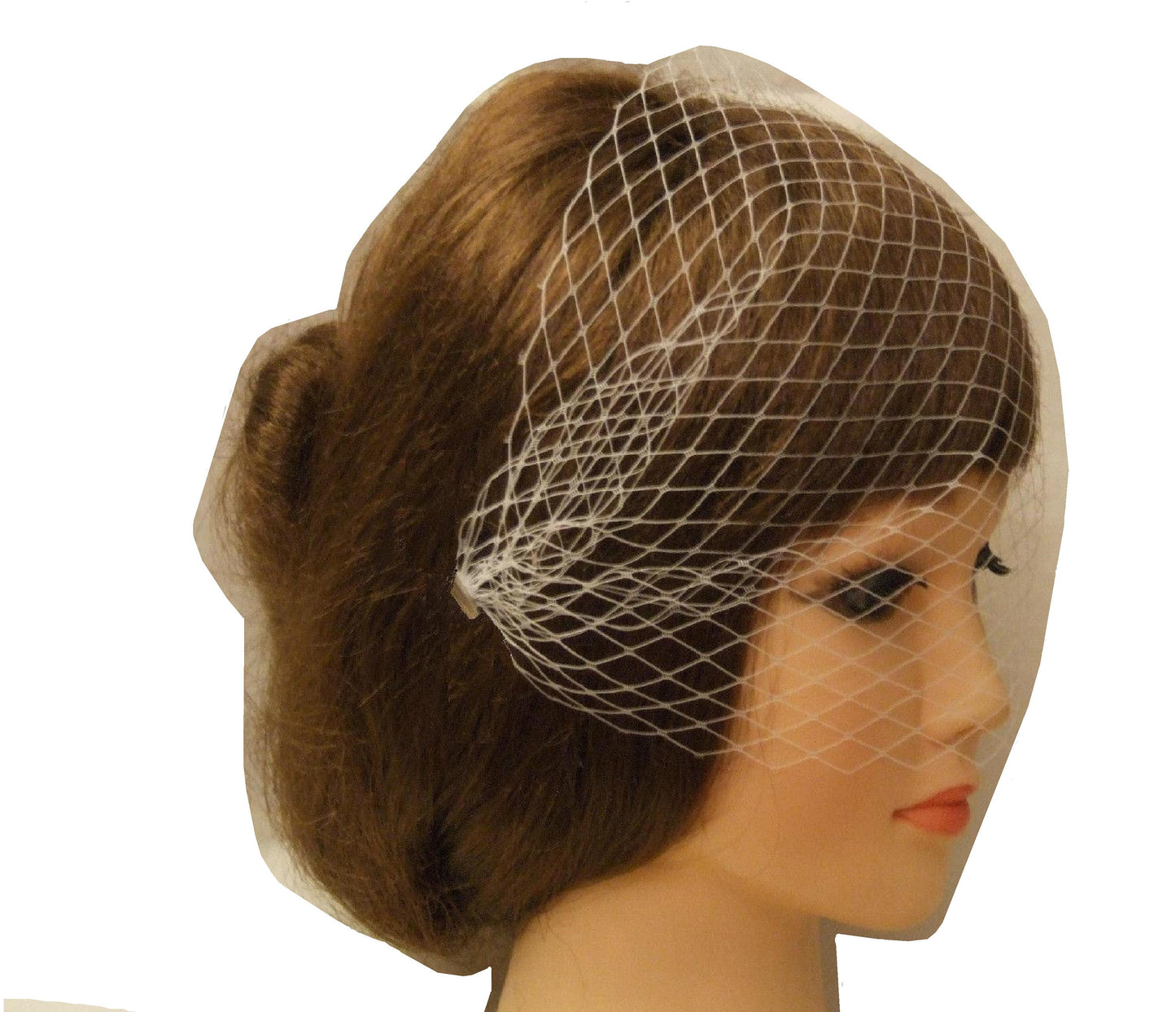 A white birdcage veil with a fine mesh pattern.