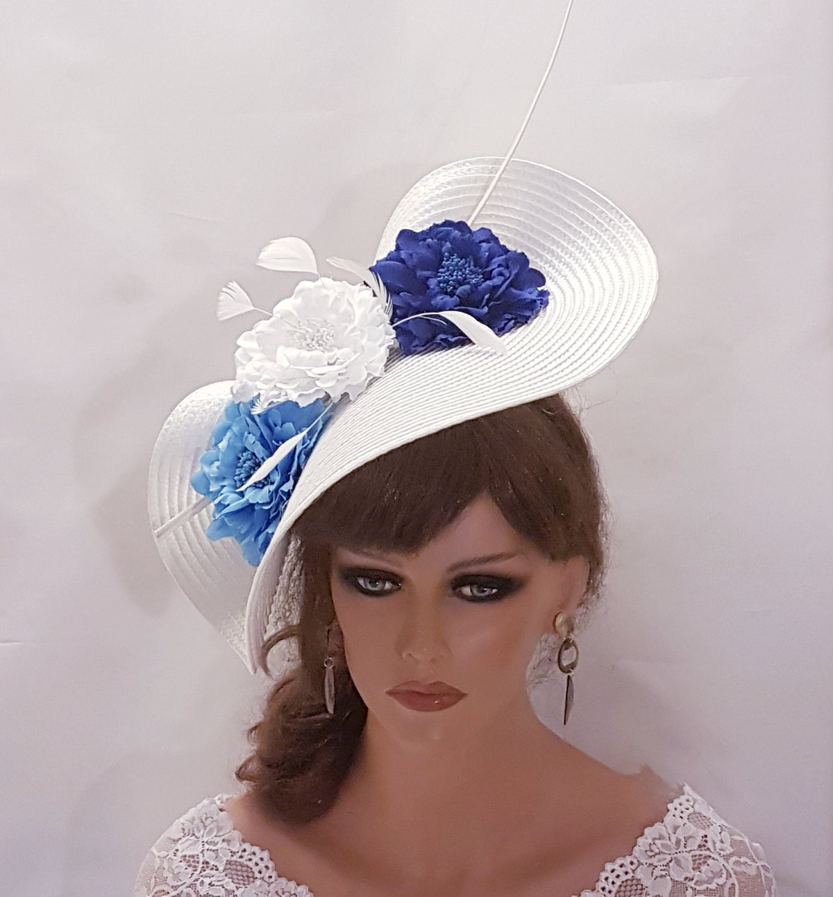 White Saucer Hatinator: Blue Floral Feather Derby Hat