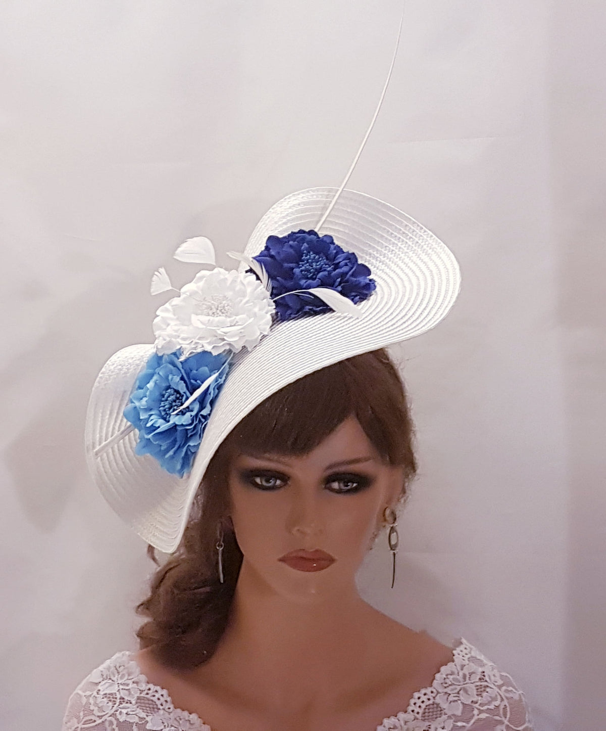 White Saucer Hatinator: Blue Floral Feather Derby Hat