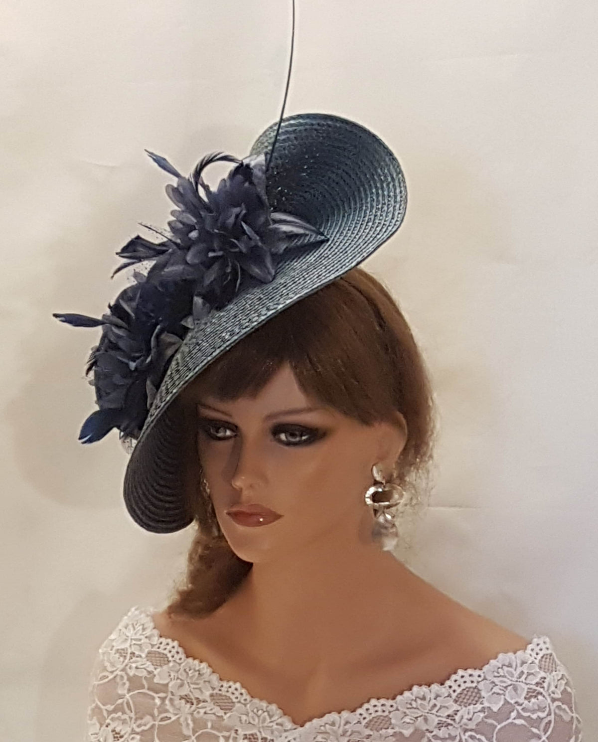 NAVY BLUE large saucer hat with Long Quil feather Floral hat Kentucky Derby, Ascot, Race Wedding hatinator