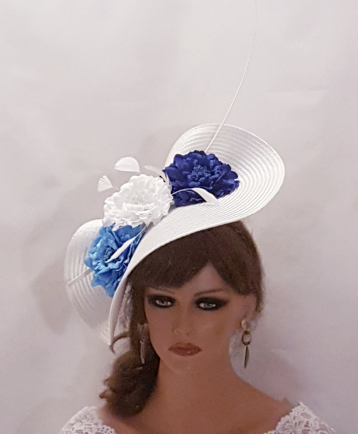 White Saucer Hatinator: Blue Floral Feather Derby Hat