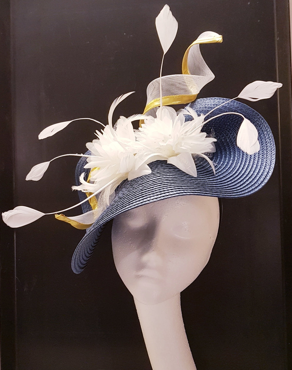 Blue Fascinator Hat, White Flowers and Feathers, Ascot Wedding Hat