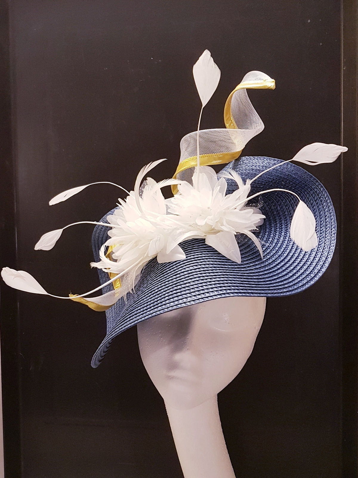 Blue Fascinator Hat, White Flowers and Feathers, Ascot Wedding Hat