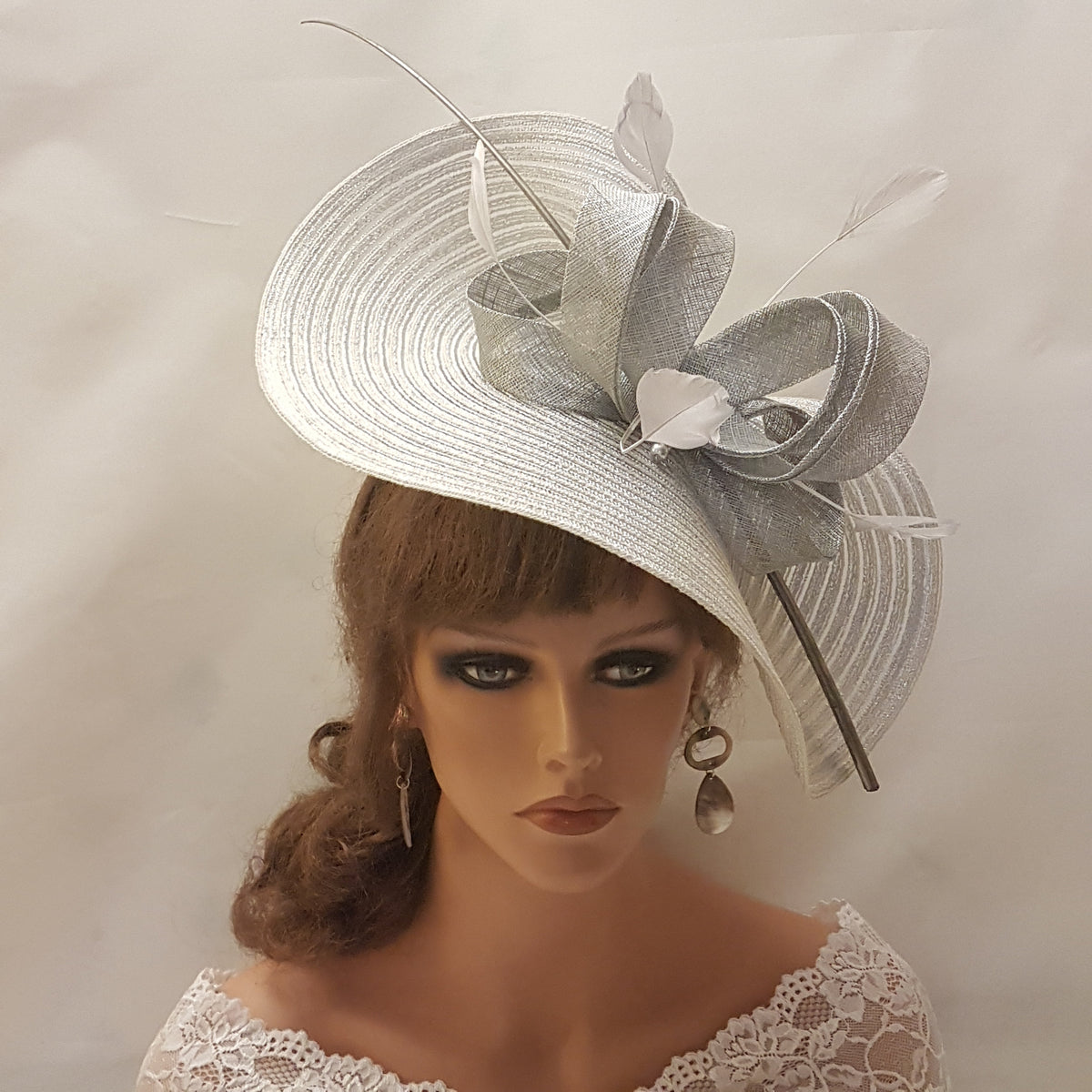 Large Silver grey hat  fascinator for wedding