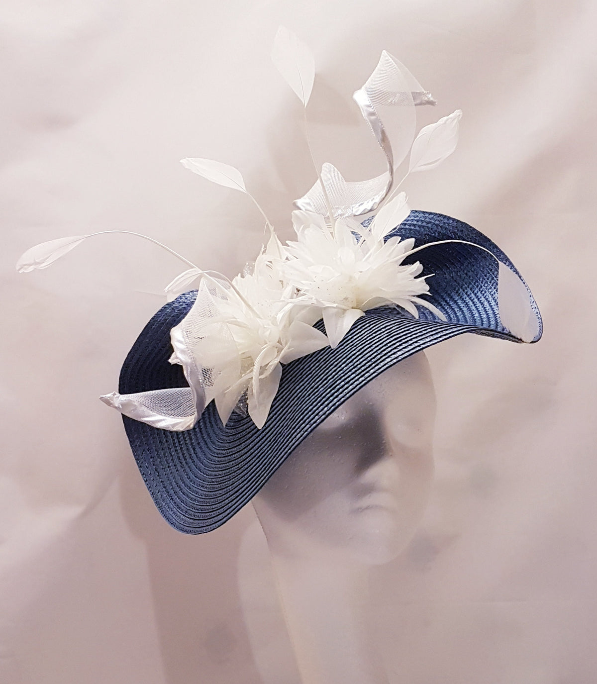 Blue Fascinator Hat, White Flowers and Feathers, Ascot Wedding Hat