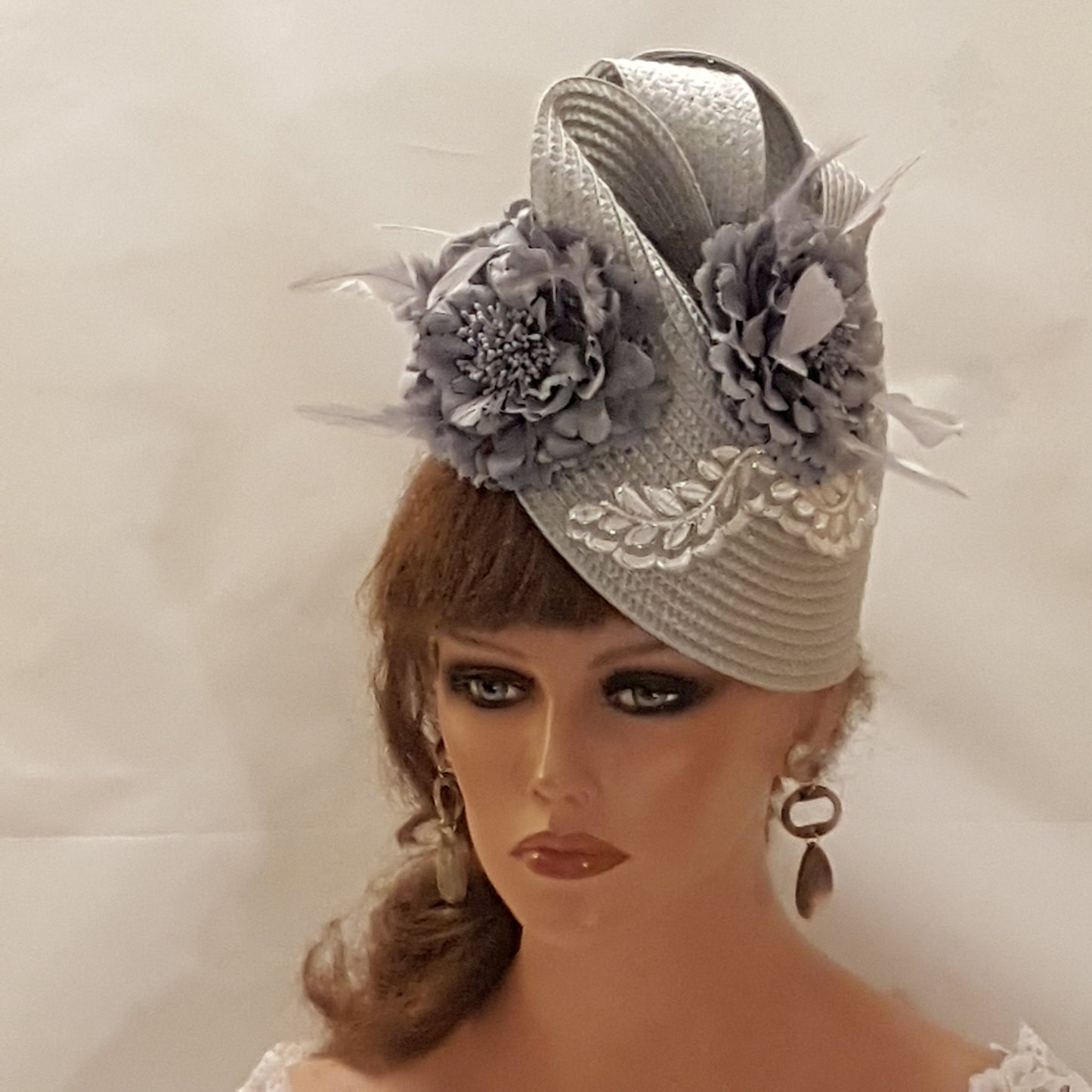 SILVER Grey Fascinator Straw weave Floral Hat fascinator Womens ChurchDerby Ascot Wedding TeaParty hat Mother of Bride Mother of groom hat