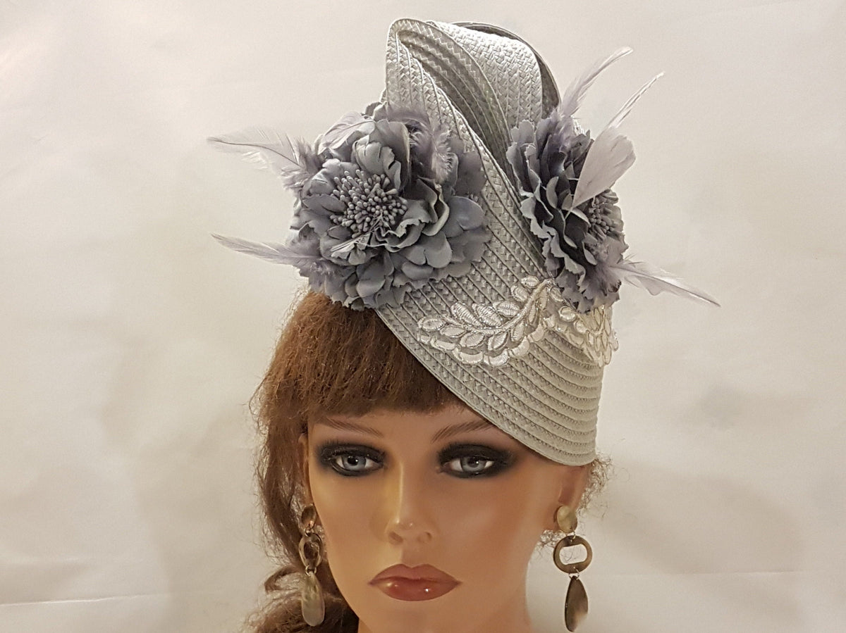 SILVER Grey Fascinator Straw weave Floral Hat fascinator Womens ChurchDerby Ascot Wedding TeaParty hat Mother of Bride Mother of groom hat