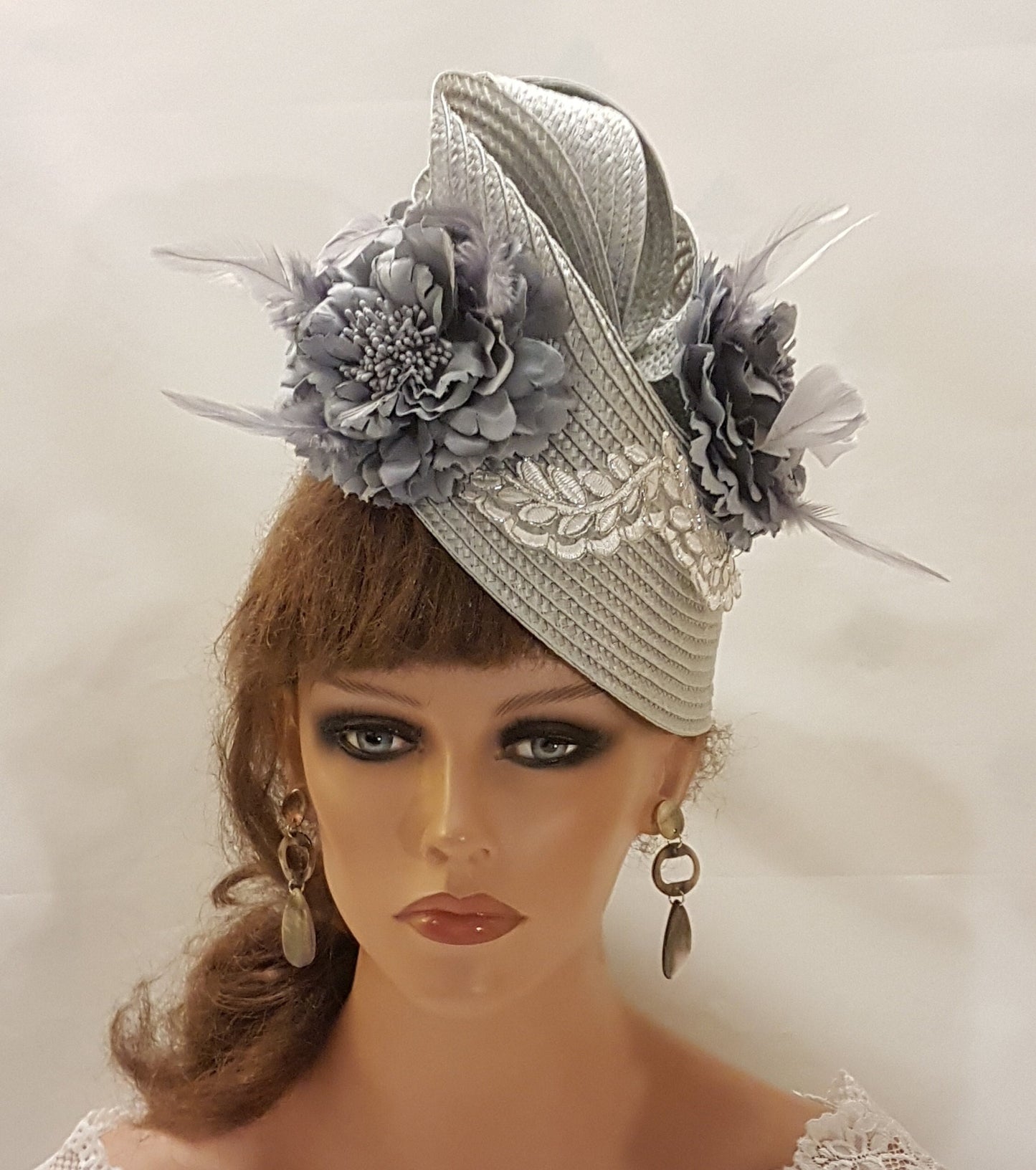 SILVER Grey Fascinator Straw weave Floral Hat fascinator Womens ChurchDerby Ascot Wedding TeaParty hat Mother of Bride Mother of groom hat