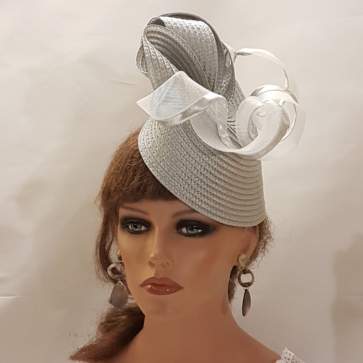 Silver Grey Fascinator Hat: Straw Weave Derby Ascot Headpiece