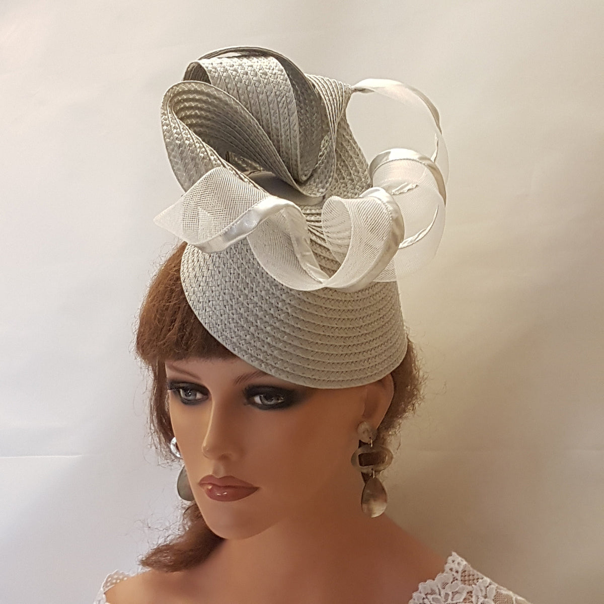 Silver Grey Fascinator Hat: Straw Weave Derby Ascot Headpiece