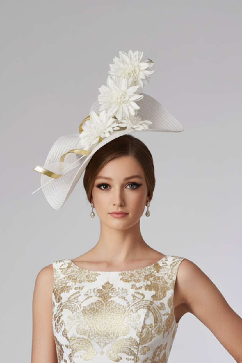 WHITE & GOLD Fascinator hat  Quill Feathe, Gold Edge Crinoline Swril Hatinator Wedding,Race,Ladies,Formal, Occasion,Ascot,party hatinator