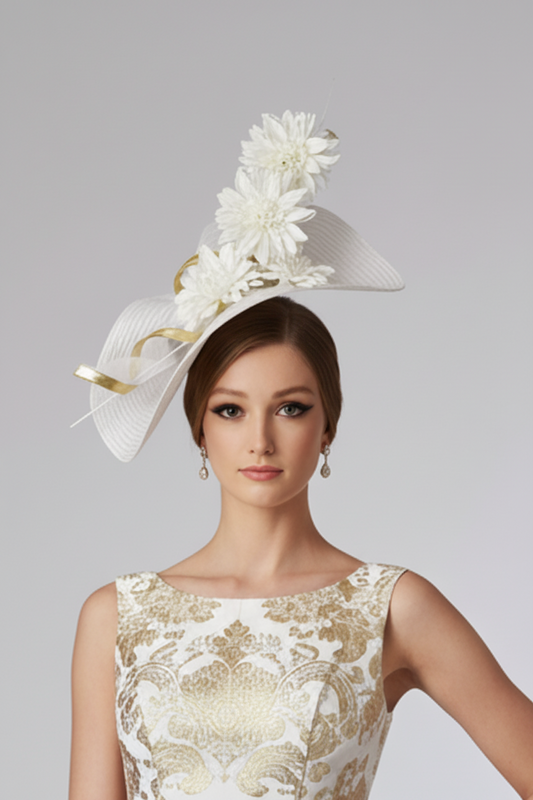 WHITE & GOLD Fascinator hat  Quill Feathe, Gold Edge Crinoline Swril Hatinator Wedding,Race,Ladies,Formal, Occasion,Ascot,party hatinator