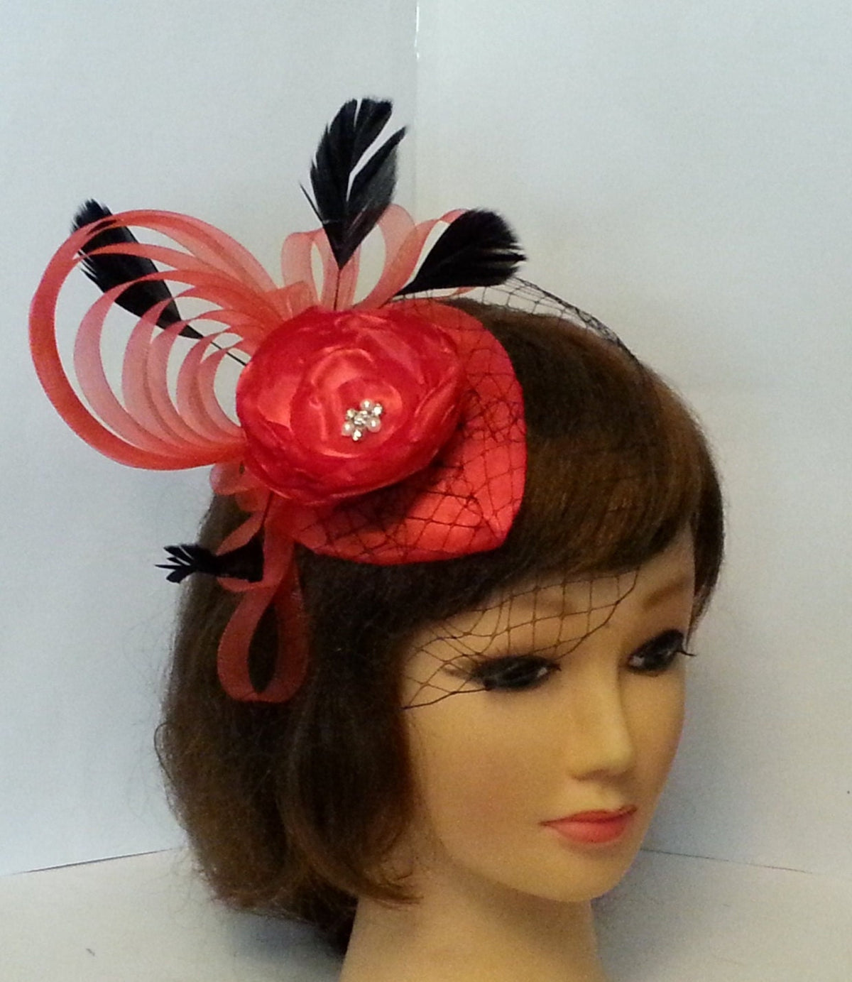 Red Teardrop Fascinator Hat: Rose, Rhinestone, Birdcage Veil