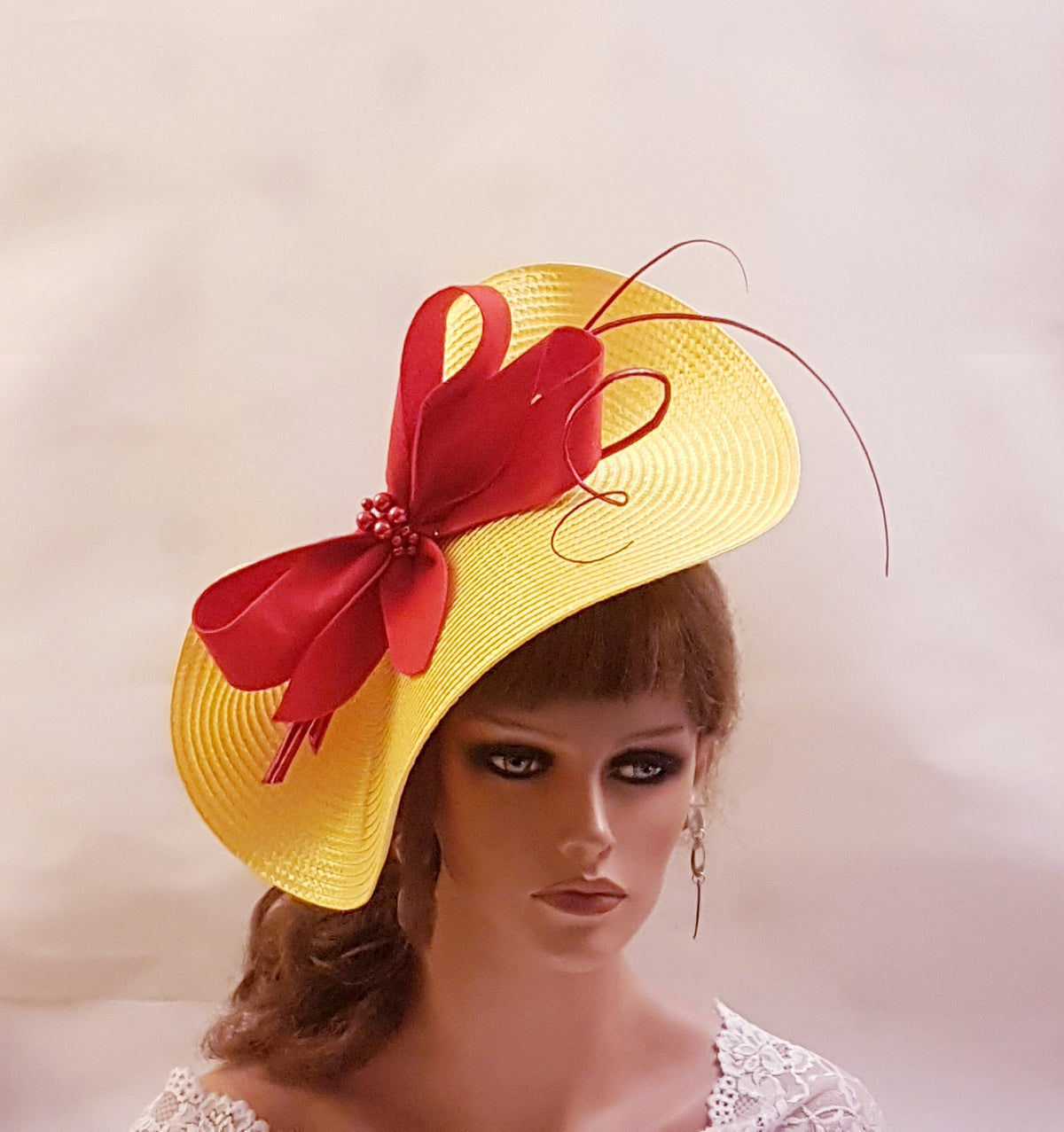 Yellow and red Fascinator Hat . Red Felt Bow & Quill Feather - Derby Ascot, Wedding , ladies headpiece