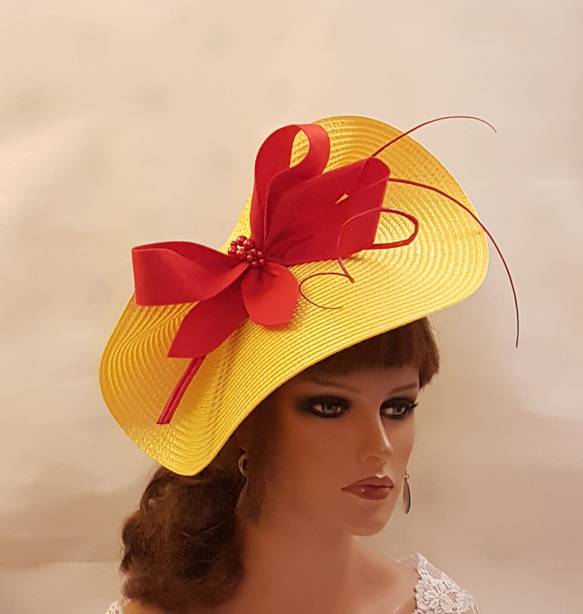 Yellow and red Fascinator Hat . Red Felt Bow & Quill Feather - Derby Ascot, Wedding , ladies headpiece