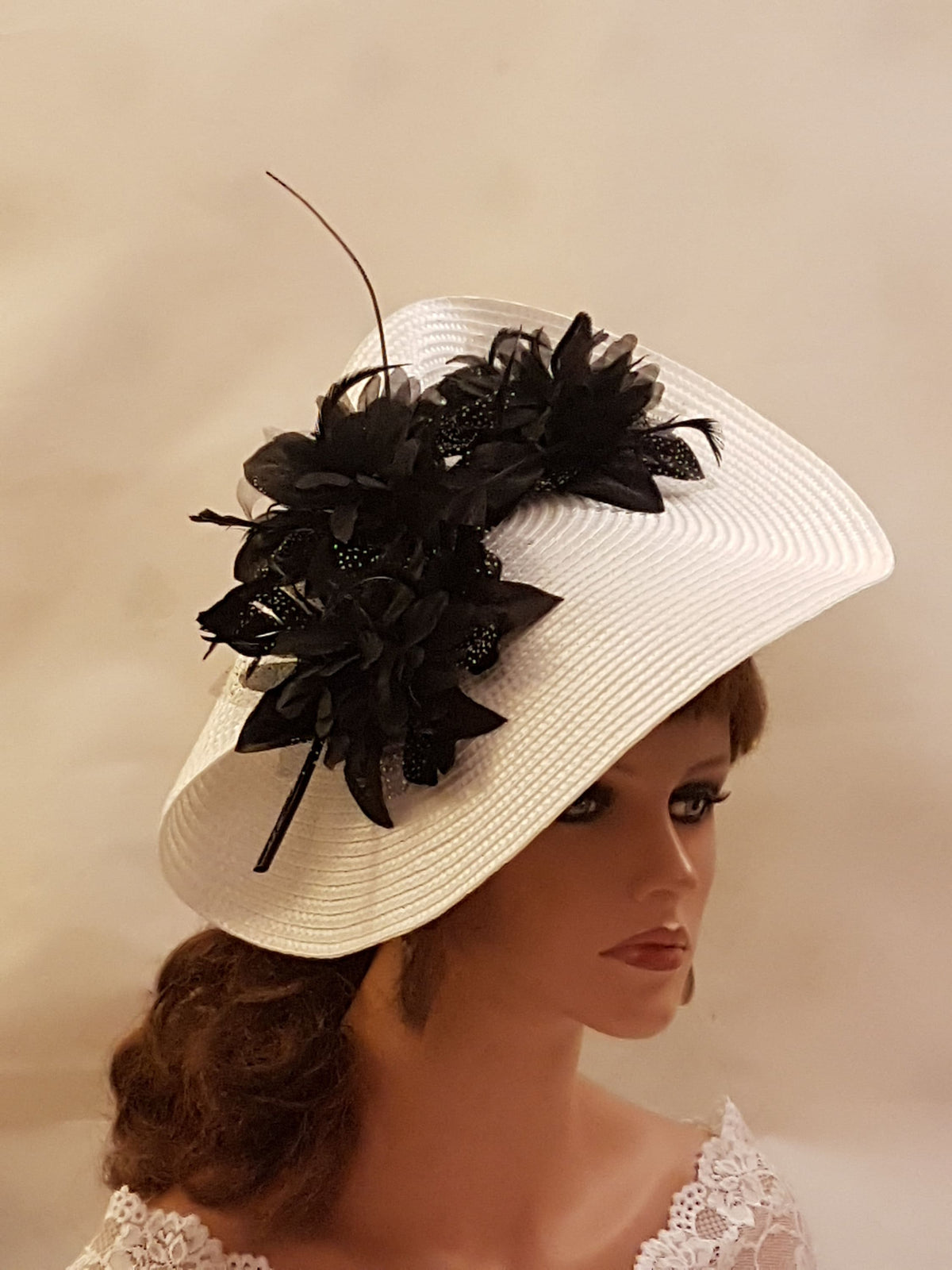 White Saucer Hatinator: Black Quill Feather & Floral Derby Hat