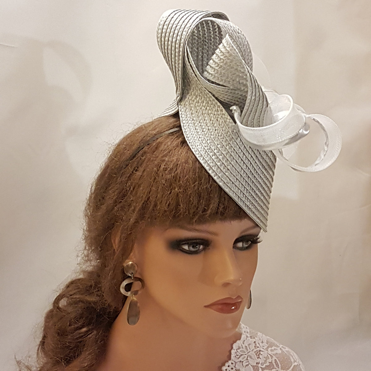 Silver Grey Fascinator Hat: Straw Weave Derby Ascot Headpiece