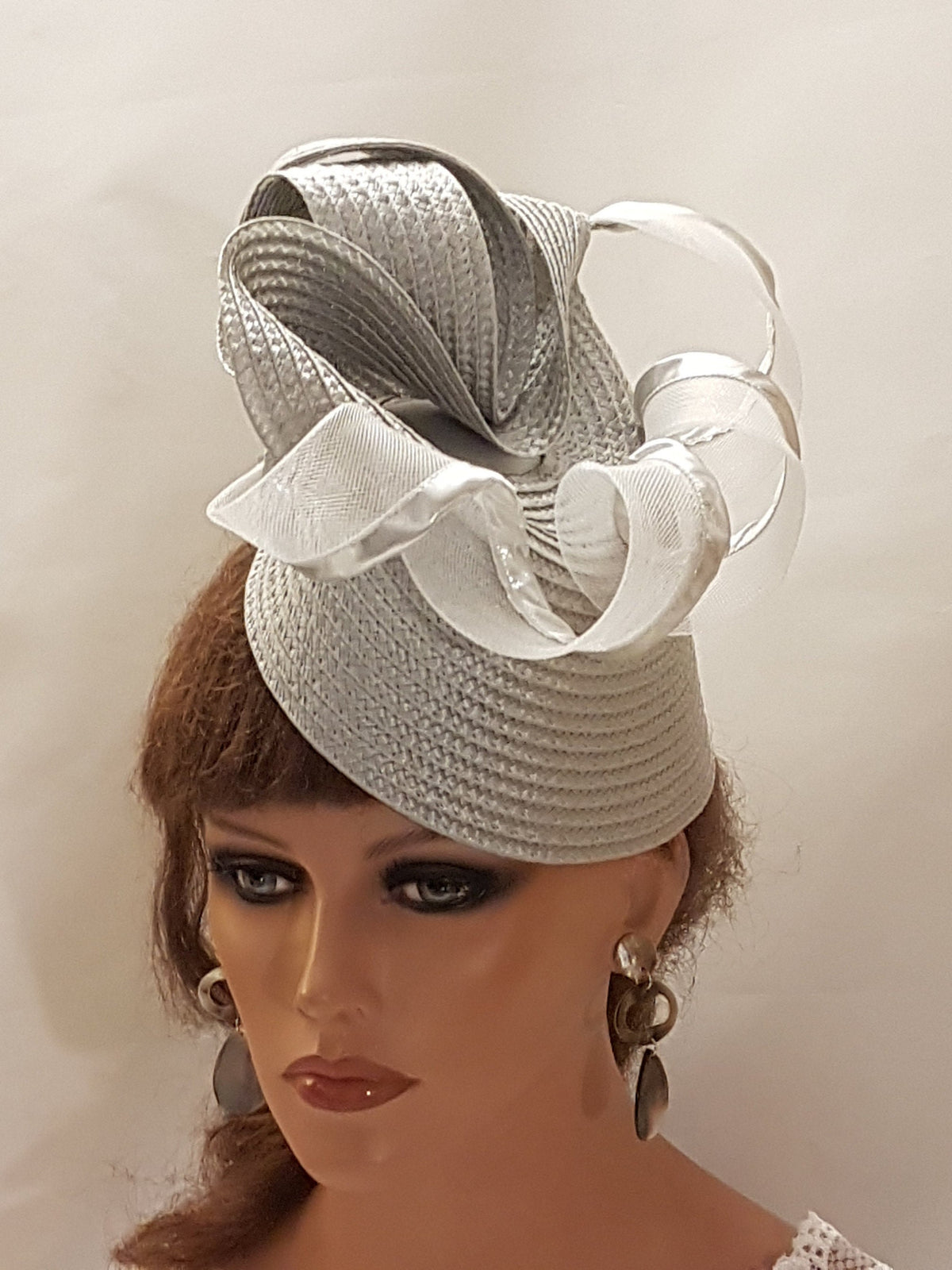 Silver Grey Fascinator Hat: Straw Weave Derby Ascot Headpiece