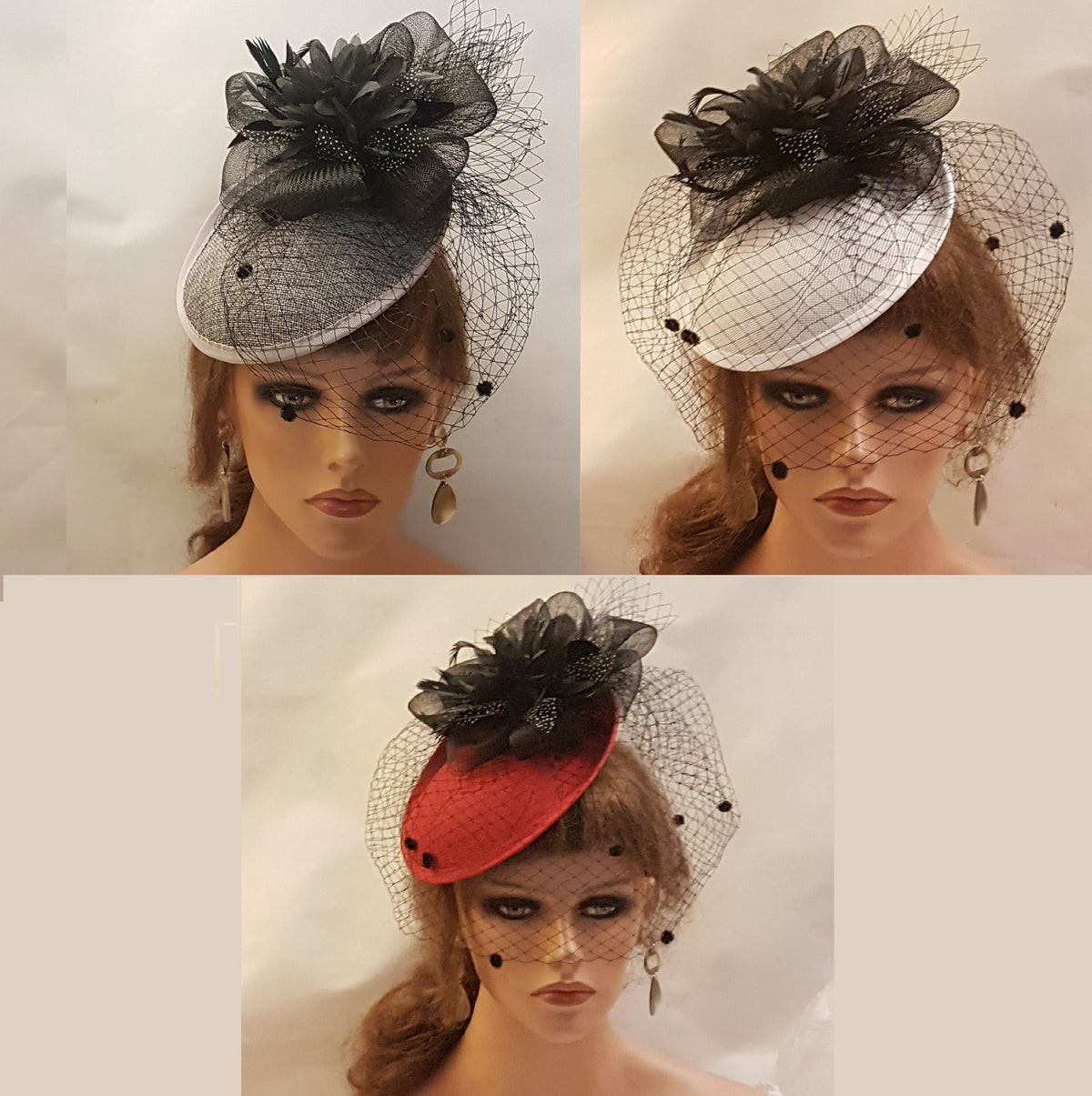 White Saucer Fascinator: Red & Grey Feather Headpiece with Black Veil