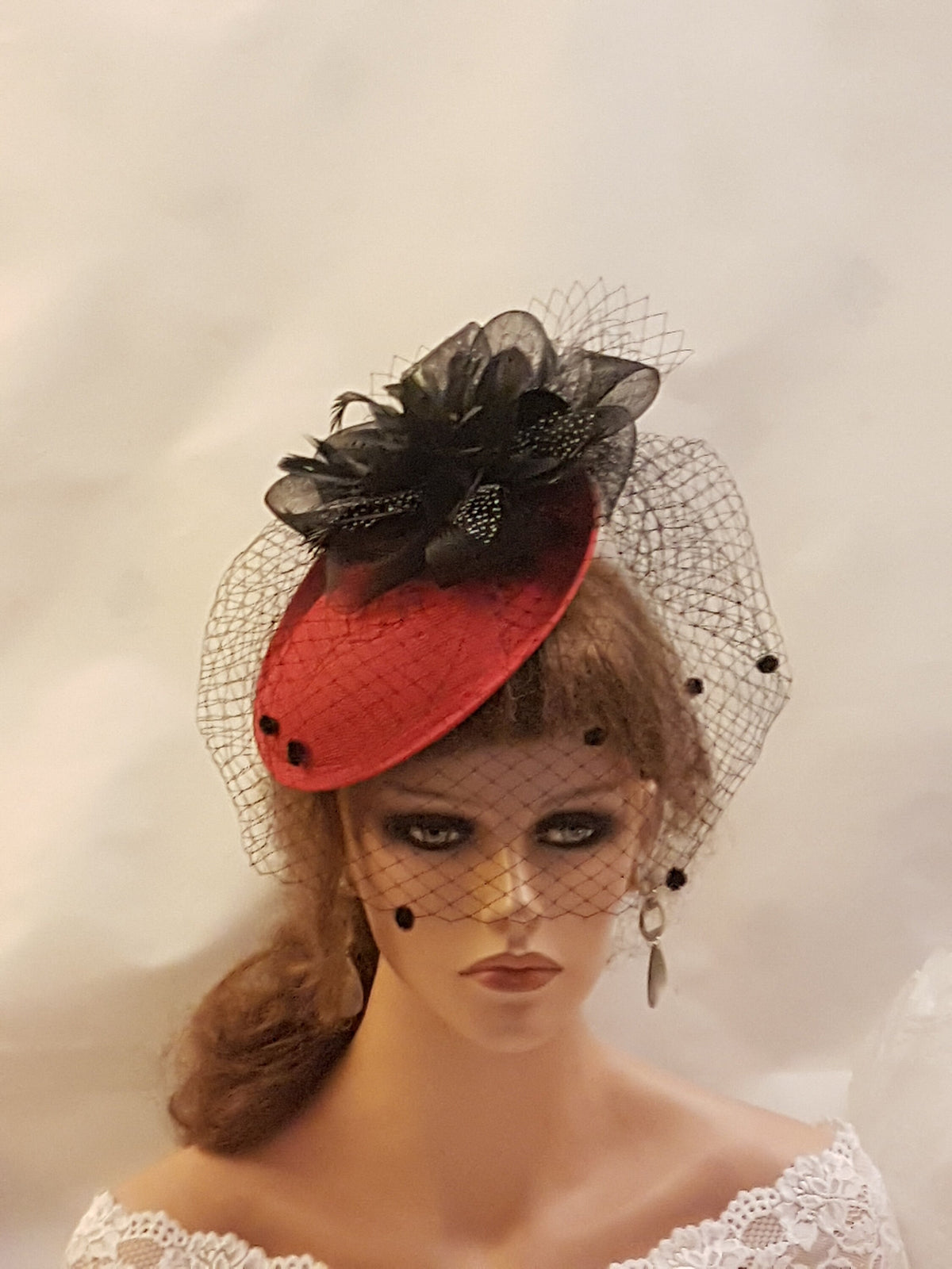 White Saucer Fascinator: Red & Grey Feather Headpiece with Black Veil