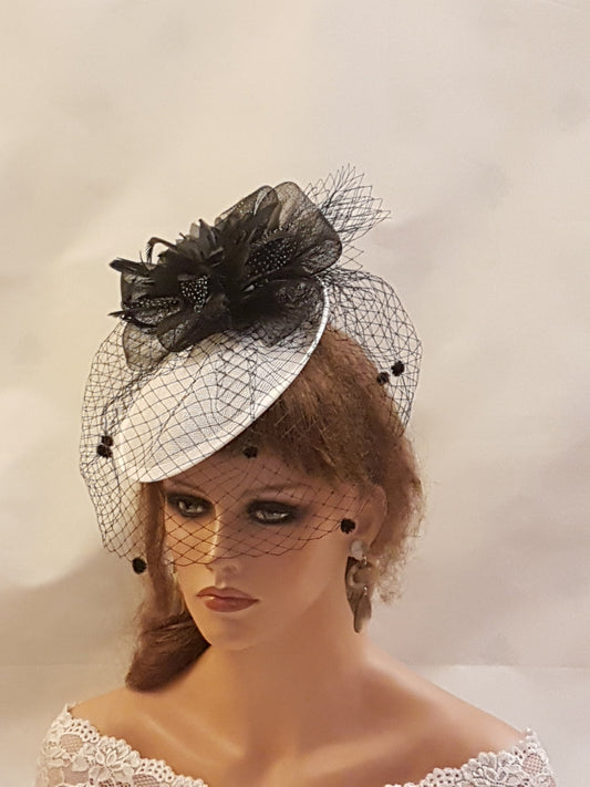 White Saucer Fascinator: Red & Grey Feather Headpiece with Black Veil