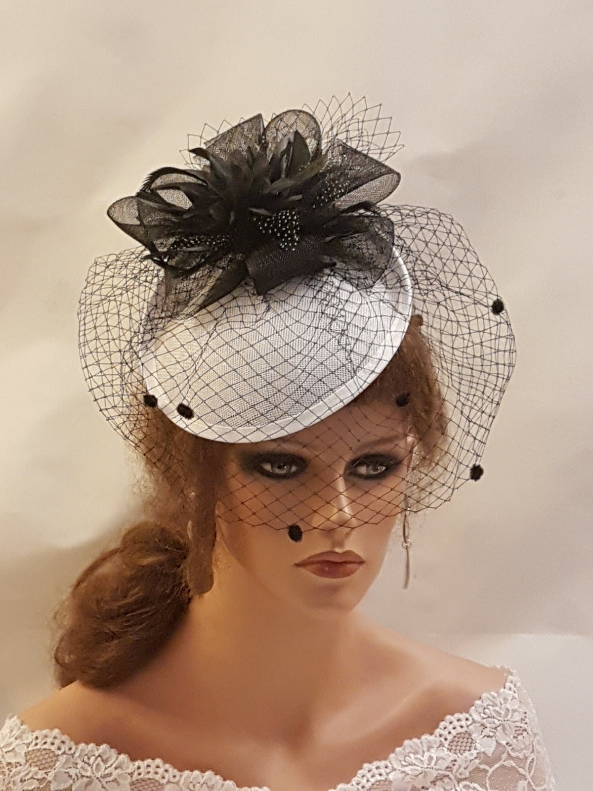 Black and White hat with Black Birdcage veil