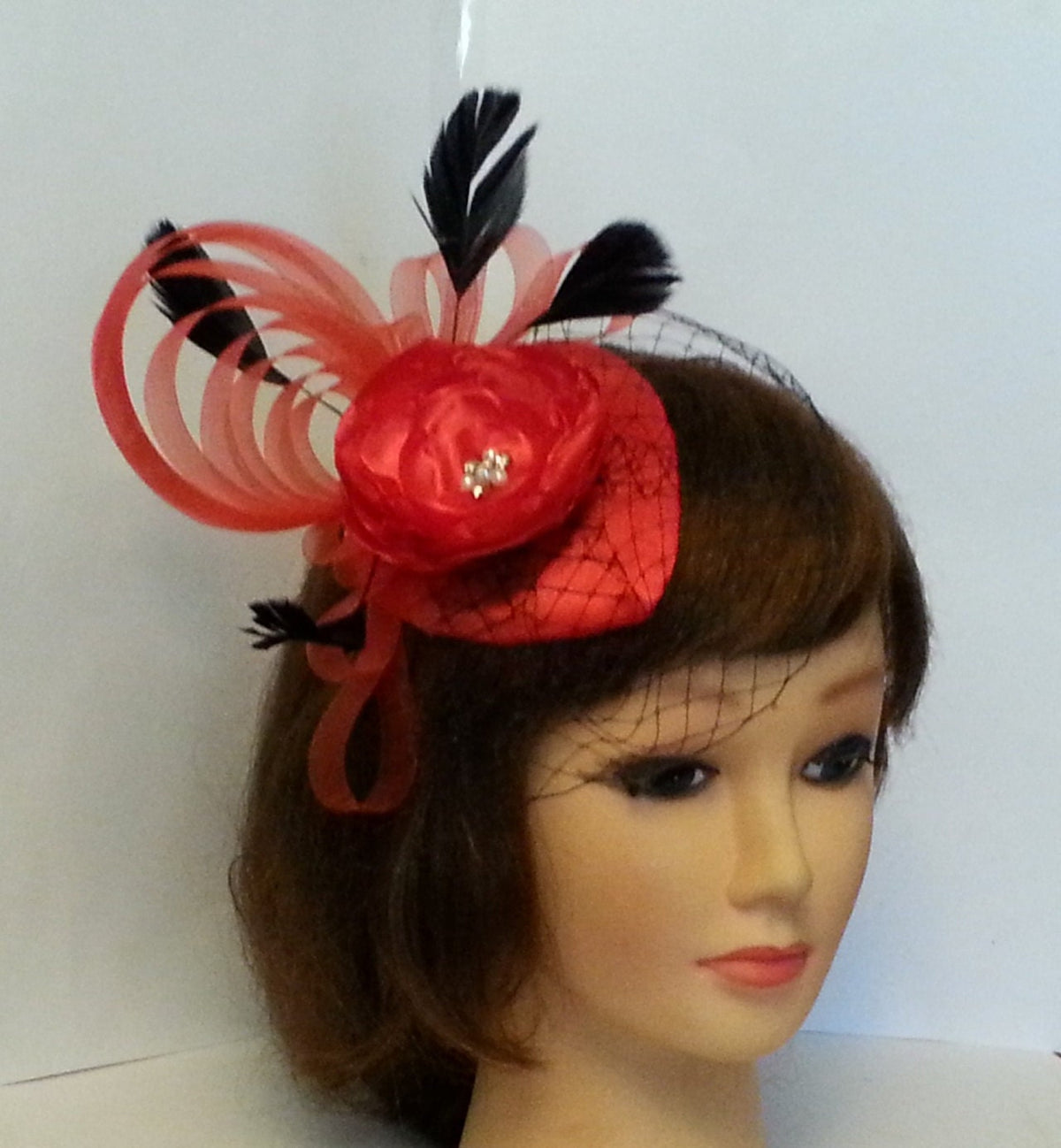 Red Teardrop Fascinator Hat: Rose, Rhinestone, Birdcage Veil