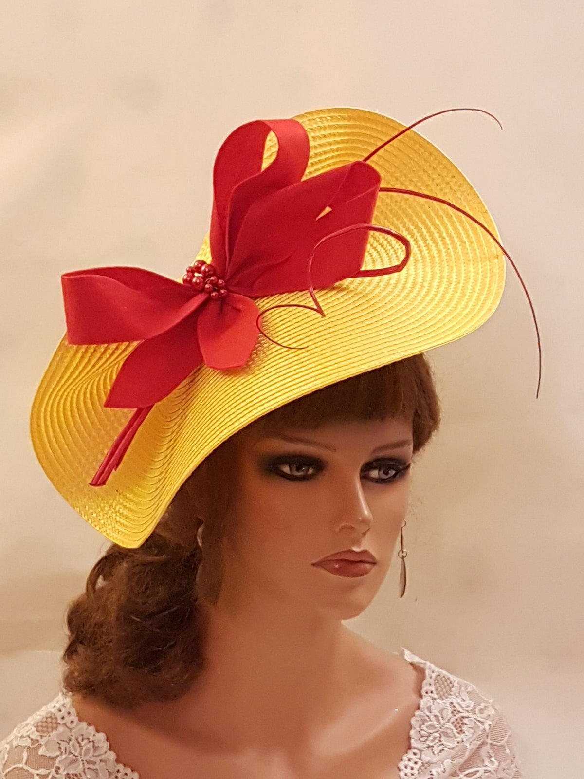 Yellow and red Fascinator Hat . Red Felt Bow & Quill Feather - Derby Ascot, Wedding , ladies headpiece