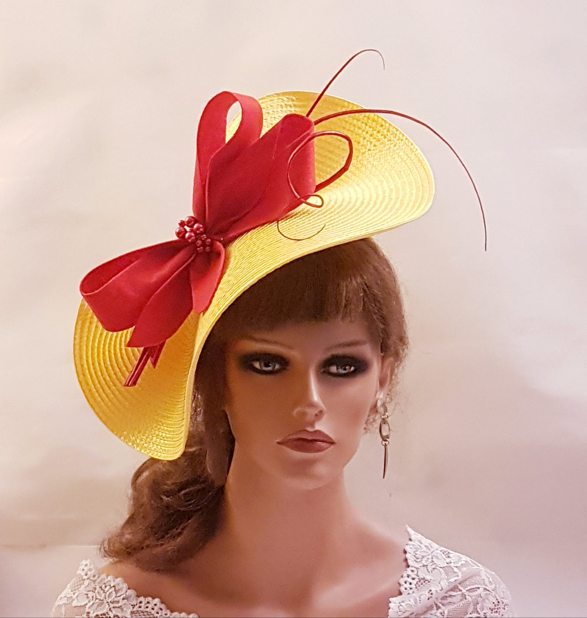 Yellow and red Fascinator Hat . Red Felt Bow & Quill Feather - Derby Ascot, Wedding , ladies headpiece