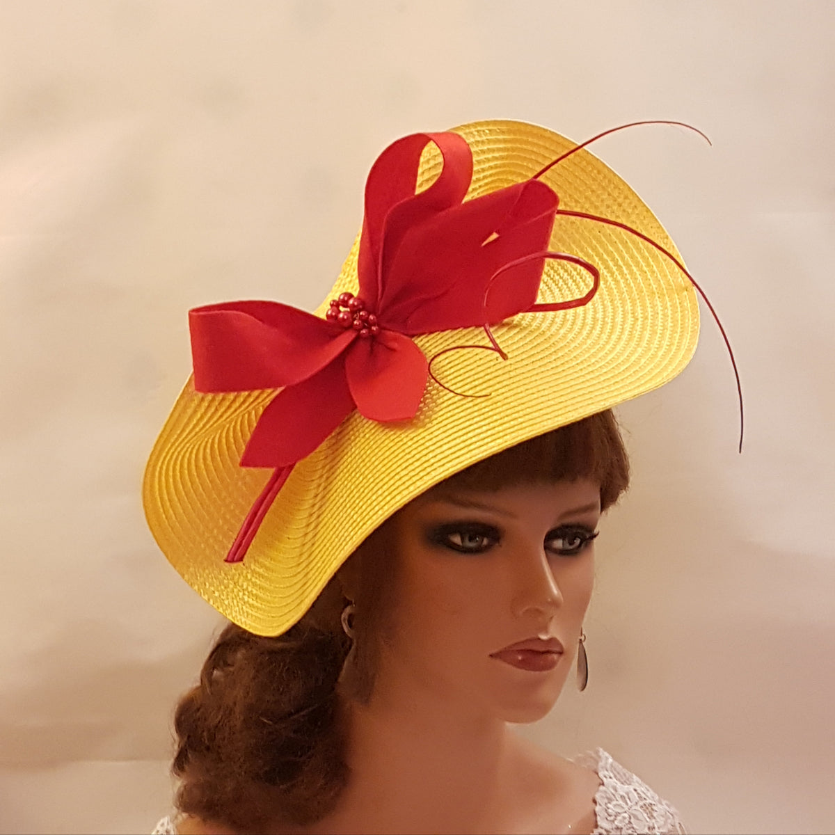 Large Yellow Fascinator Hat with Beautiful  Felt Bow adornefd with beads and  long Quill Feather. Perfect for Royal Ascot, Kentucky Derby, Weddings Goodwood revival, Christening, Ascot or any special occasion.