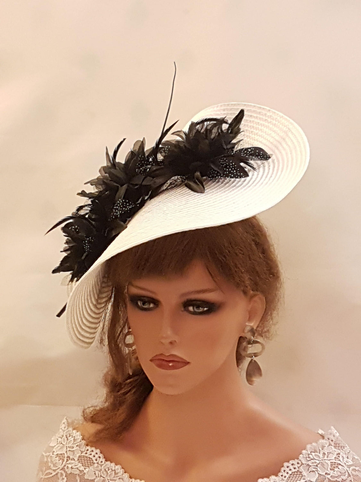 White Saucer Hatinator: Black Quill Feather & Floral Derby Hat