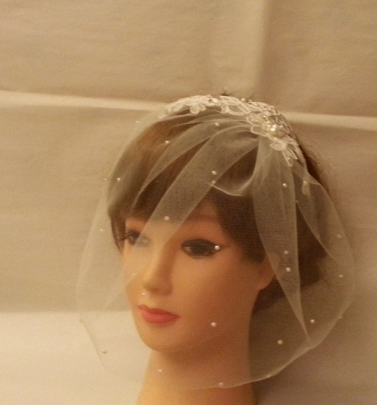 Bridal birdcage veil. Lace fascinator Diamonte, Pearl Tulle bird cage Blusher veil Single or Tulle & French nett double layer White, Ivory