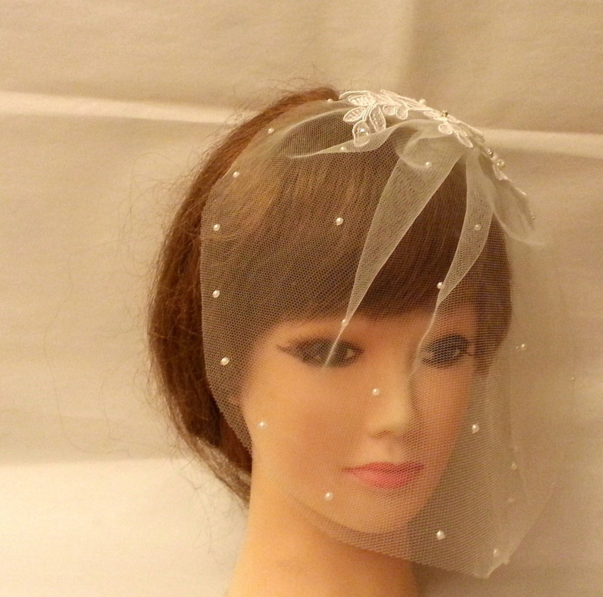 Bridal birdcage veil. Lace fascinator Diamonte, Pearl Tulle bird cage Blusher veil Single or Tulle & French nett double layer White, Ivory