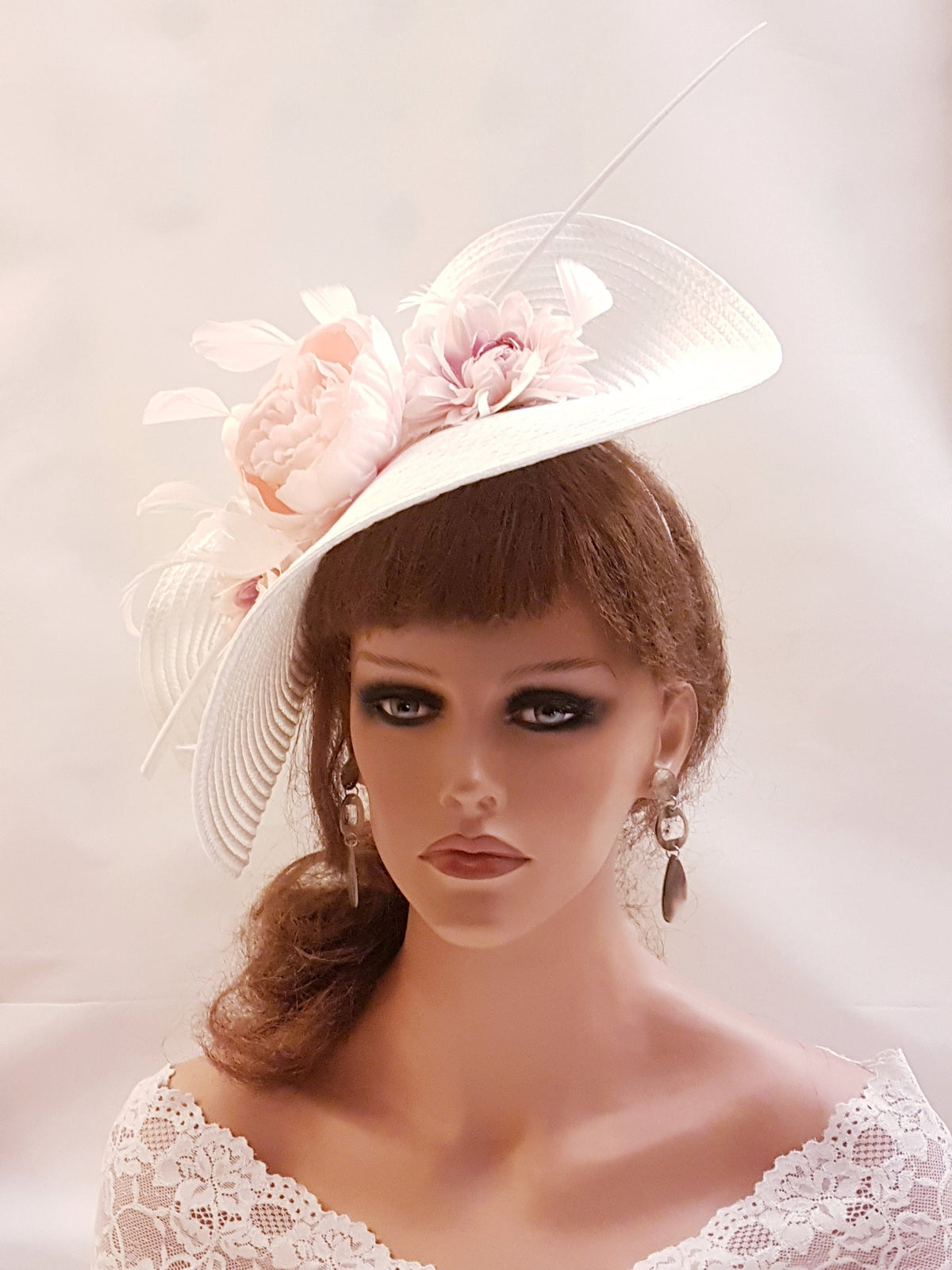 large White Hat Fascinator with PINK Flowers.