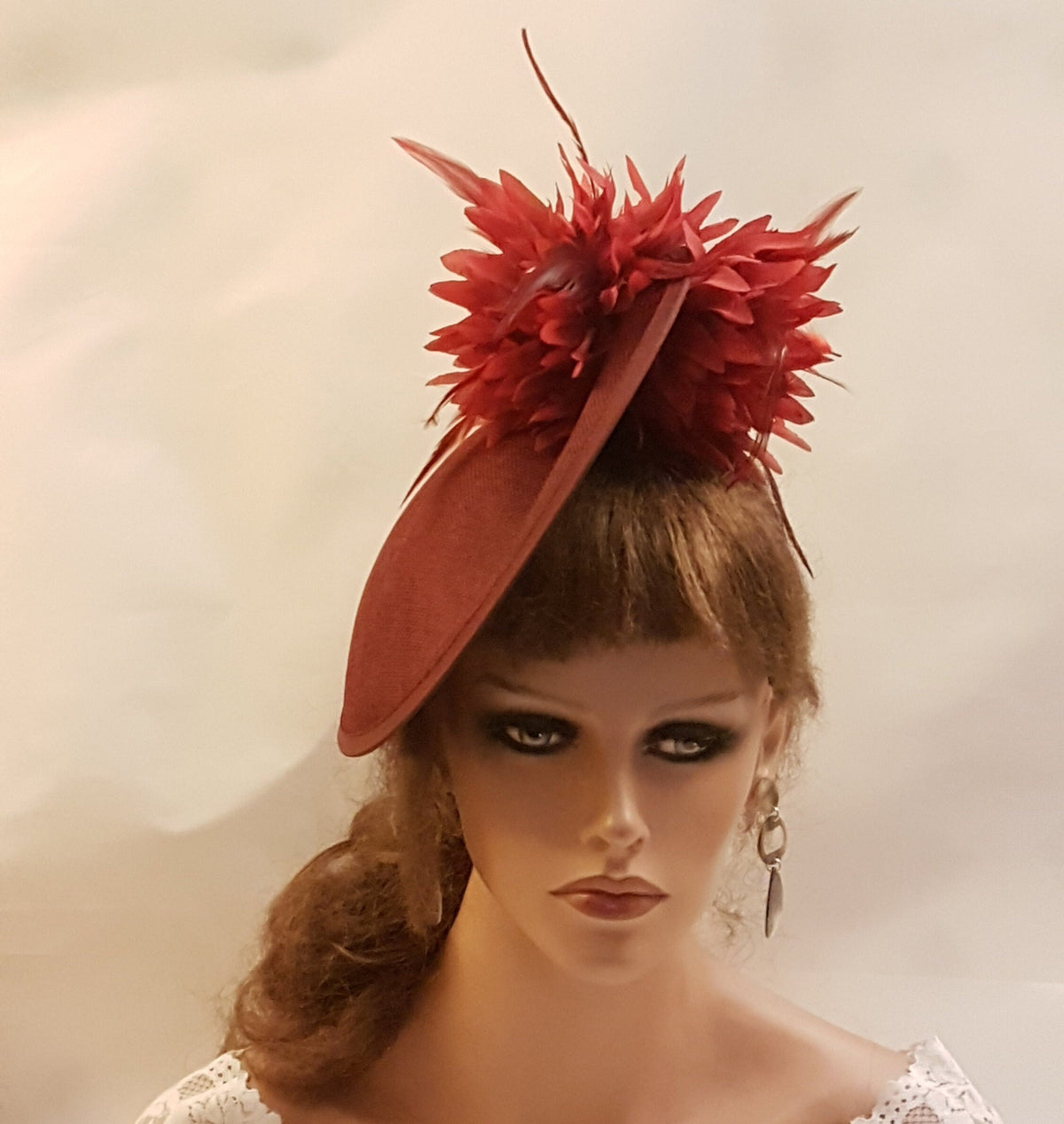 Maroon Feather Fascinator Hat, Ascot Wedding Race Headpiece Red vine hat with feathers. Cocktail party, Church
