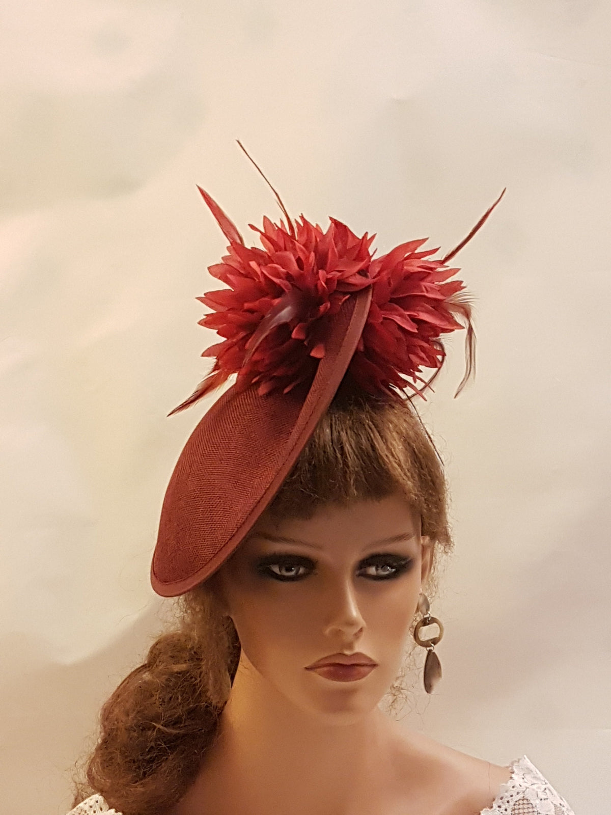 Maroon Feather Fascinator Hat, Ascot Wedding Race Headpiece Red vine hat with feathers. Cocktail party, Church