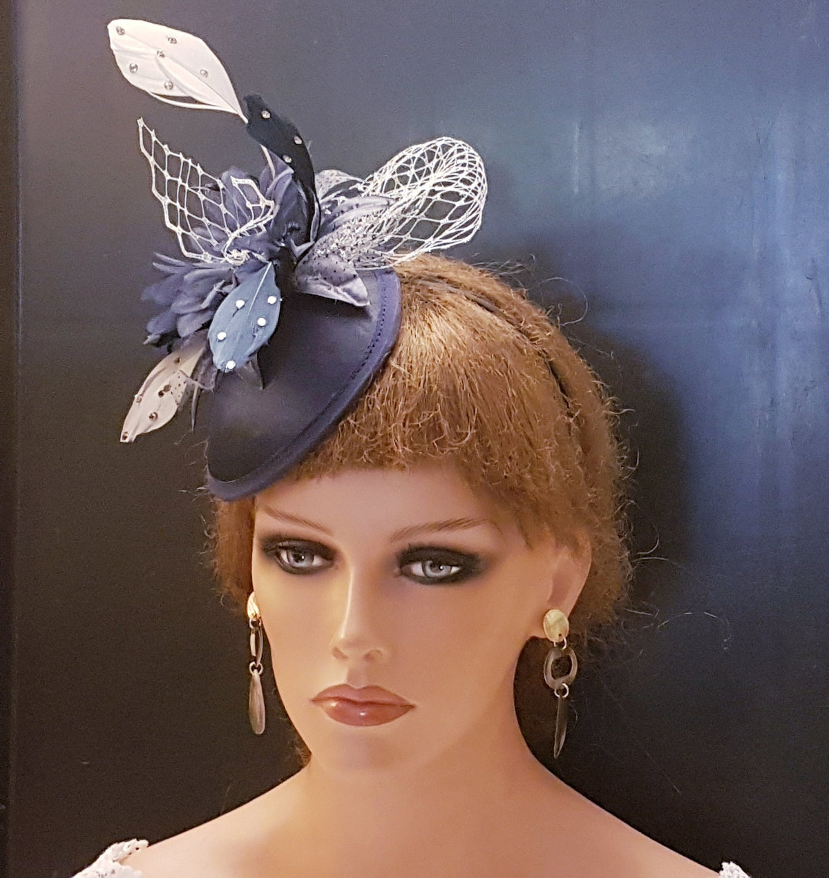 Navy Blue Fascinator Hat: Silver Feather Ascot Headpiece