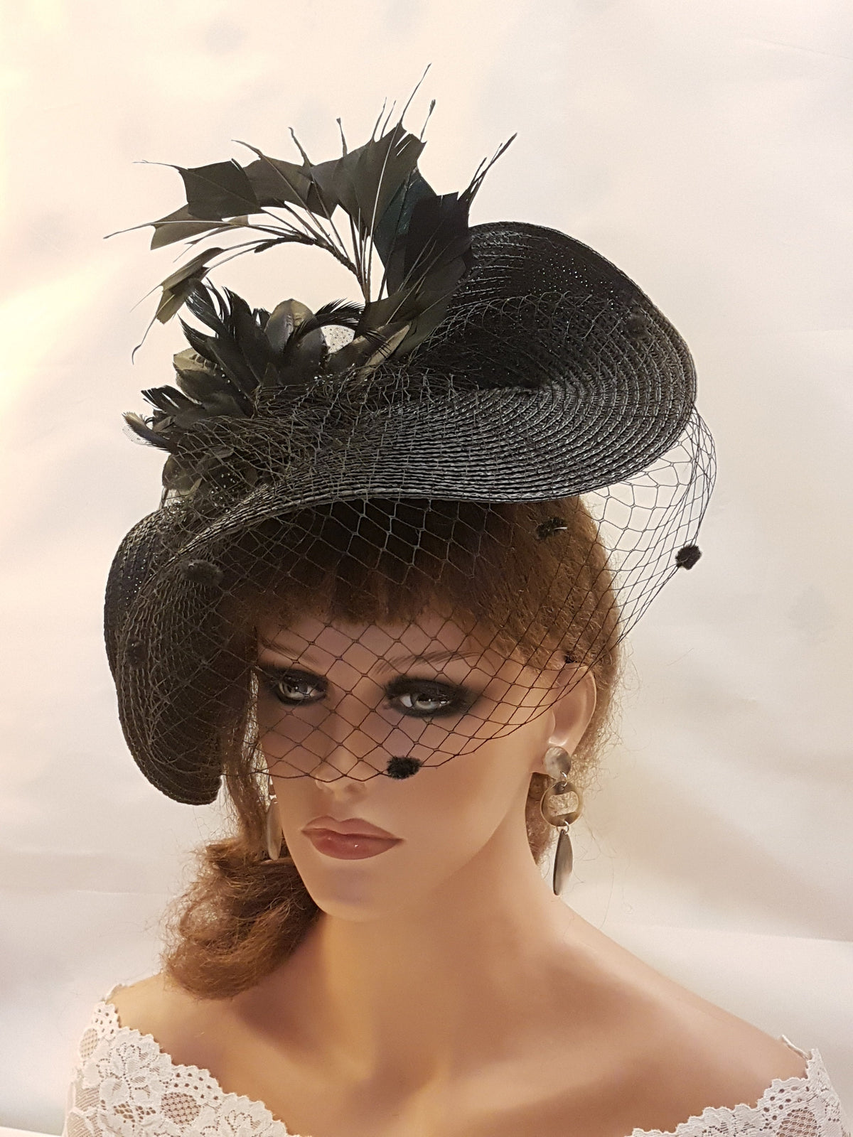 Large Black fascinator Hat, Womens black Hat with veil