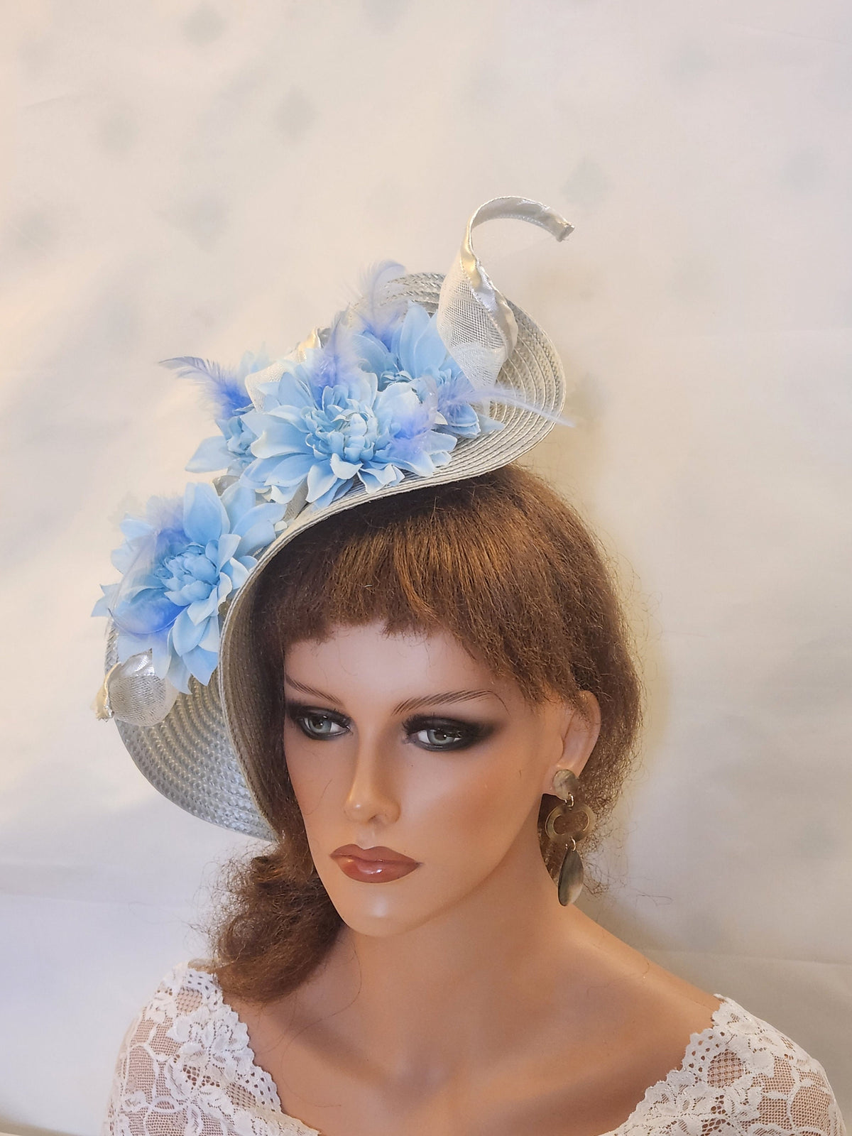 Silver & Blue Fascinator: Derby Wedding Hat with Light Blue Flowers